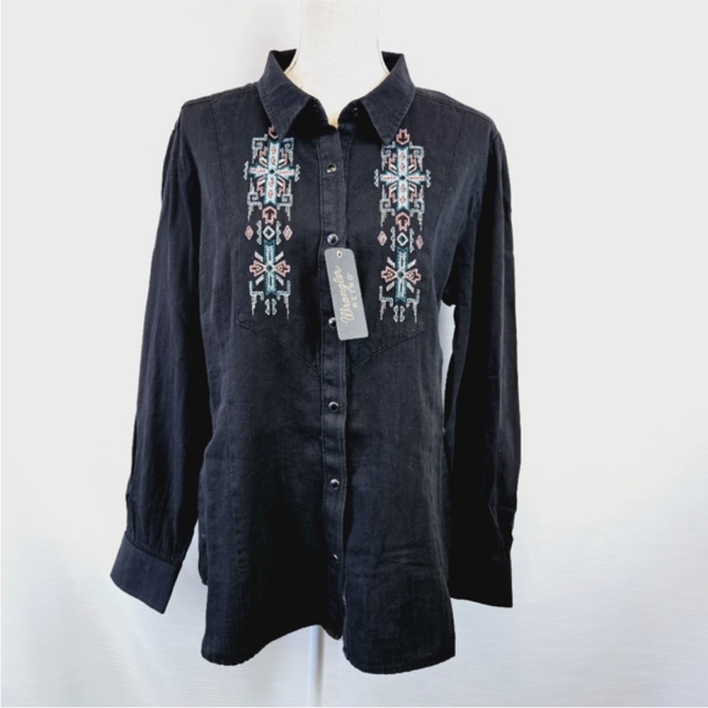 Black Johnny Was Embroidered Button-Up Shirt Size Small NWT! Distressed look.